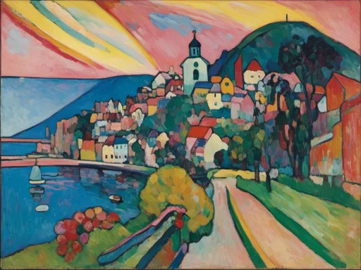 Prompt: <mymodel> a painting of a city by the water with a sunset in the background and a mountain in the foreground, Auguste Herbin, synthetism, art noveau, a cubist painting