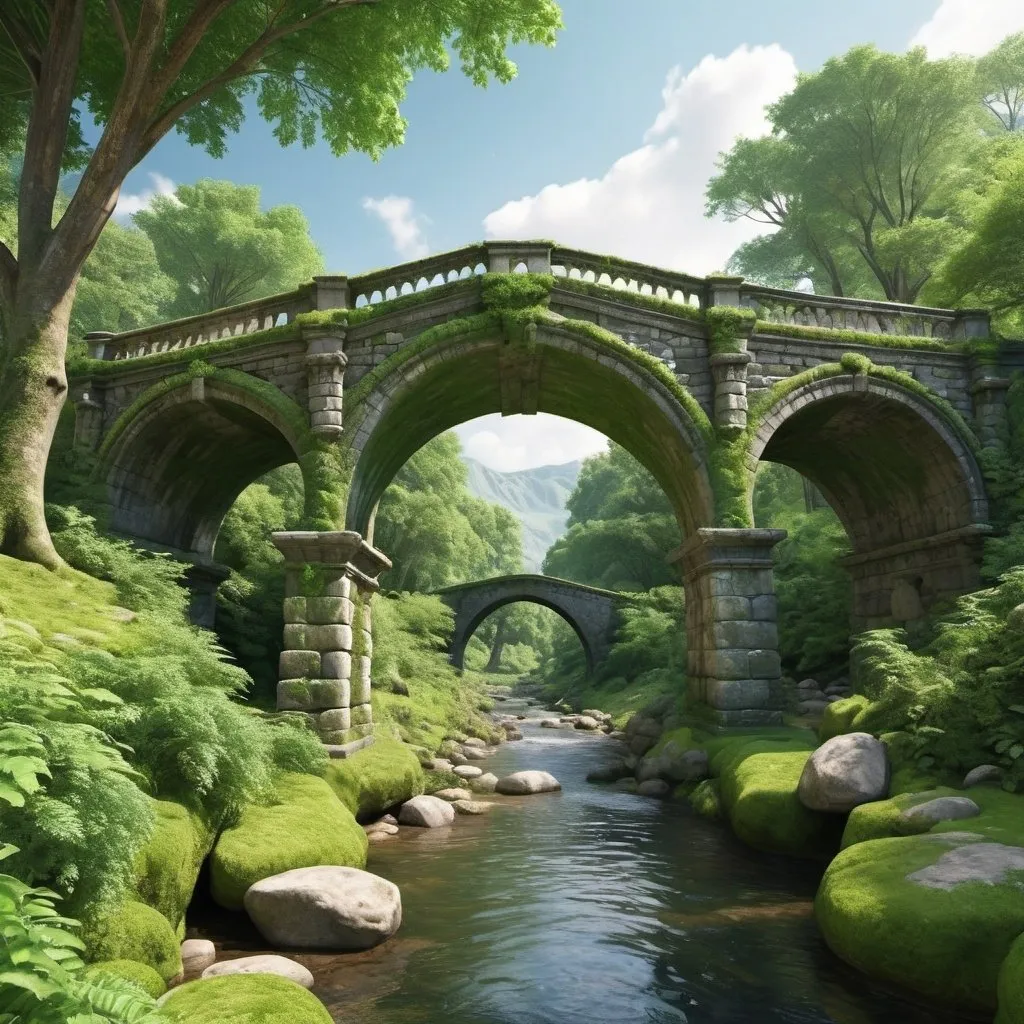 Prompt: Detailed 3D rendering of a majestic ancient stone bridge, moss-covered arches, lush greenery, serene river flowing underneath