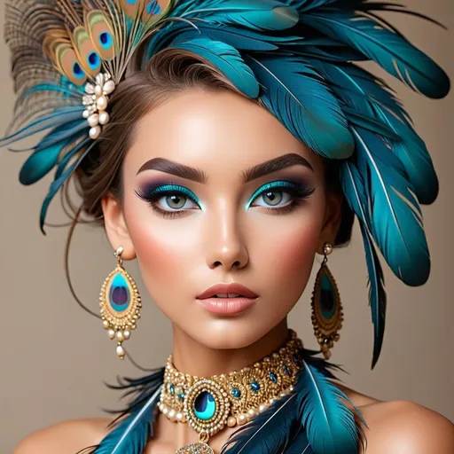 Prompt: <mymodel>beautiful makeup and hair on a gorgeous woman, paccock feathers in her hair