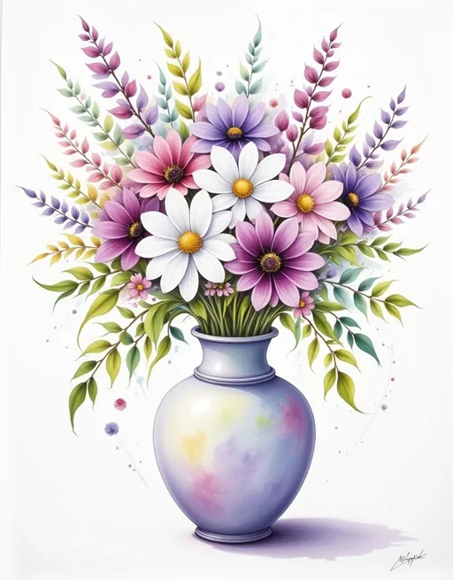 Prompt: a painting of a vase with flowers in it on a white background with a shadow of the vase on the floor, Constance Copeman, modern european ink painting, watercolor, a watercolor painting