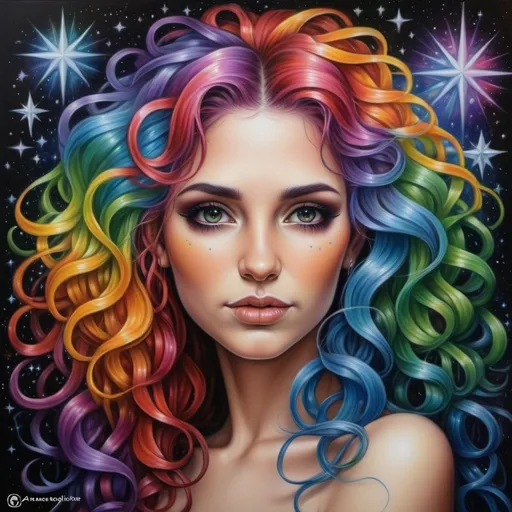 Prompt: <mymodel> a painting of a woman with  curly, rainbow hair, stars around her,, Anne Stokes, fantasy art, stars, a detailed painting