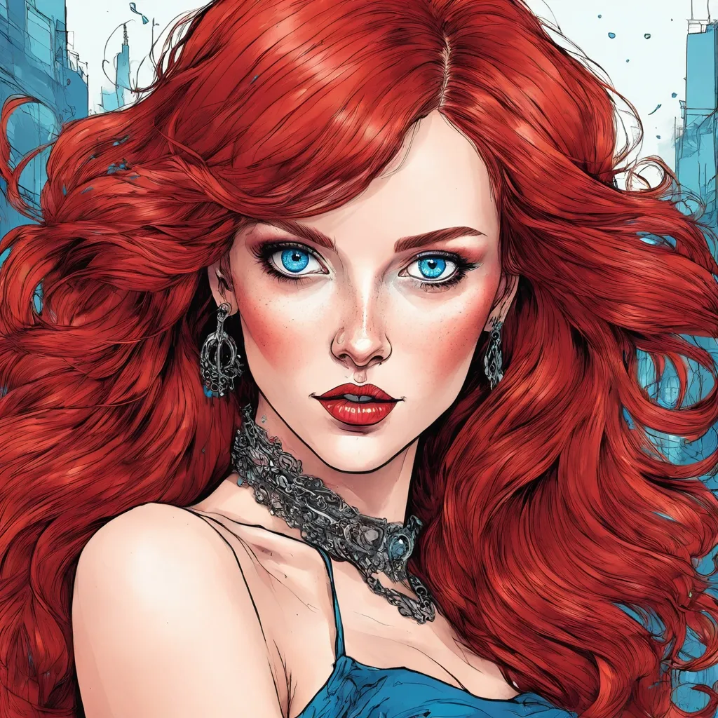 Prompt: A lady in red, blue eyes, Auburn hair, facial closeup<mymodel>