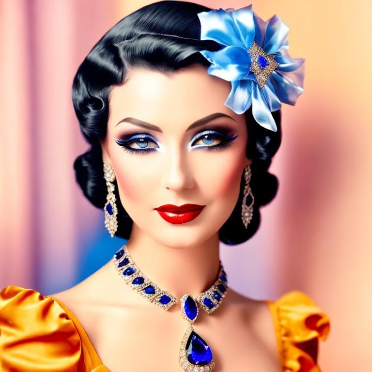 Prompt: Glamorously dressed lady of rhe 1930's wearing sapphire jewelry,blue eyes