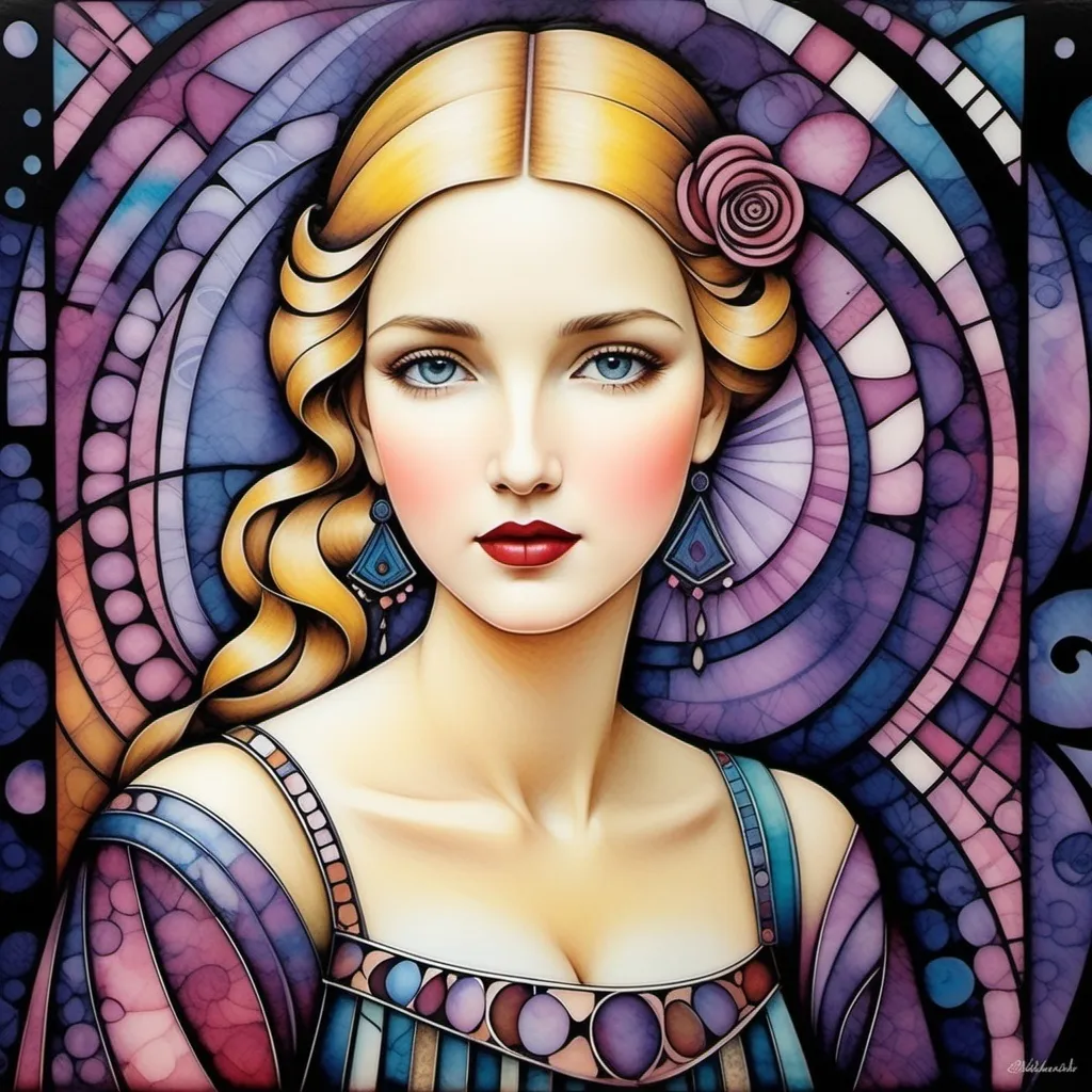 Prompt: Abstract encaustic texture, gradient inking colors, Jessica Galbreth, Irmgard Schoendorf Welch, Javier Mariscal, Charles Rennie Mackintosh, Lee Mullican style, a beautiful whimsical young woman, wonderland, decoupage.