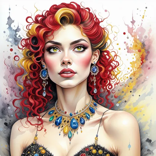 Prompt: <mymodel> beautiful woman, hair pinned up, yellow red black dress, earrings, Watercolor, trending on artstation, sharp focus, studio photo, intricate details, highly detailed, by  Josephine Wall and Jasmine Becket-Griffith