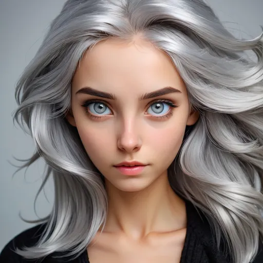 Prompt: Silver hair , silver eyes, young woman,