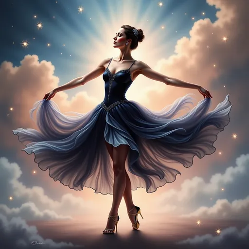 Prompt: A graceful ballerina captures attention as she elegantly poses in mid-dance, her lithe form accentuated by a stunning dark dress that transitions into flowing wisps of silvery fabric. The background is a dreamlike swirl of cloudy hues, illuminated by soft pastel pink stars that twinkle against a cosmic backdrop, evoking a whimsical, ethereal mood. Highlighted by subtle lighting that emphasizes her delicate features and dynamic posture, she radiates a sense of both tranquility and movement, embodying the essence of art and elegance. The composition leads the eye to her poised figure, inviting viewers into a serene yet enchanting narrative filled with grace and beauty.