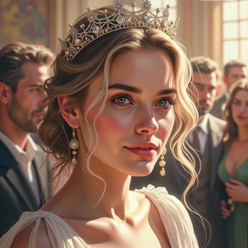 Prompt: In a regal setting, a young woman exudes elegance and beauty, adorned with a sparkling crown and opulent jewelry that catch the light. Her soft, wavy hair frames her face, accentuated by a delicate gown that highlights her graceful shoulders, while her striking features are brought to life with subtle rosy hues. The background hints at a gathering, with blurred figures observing her, suggesting a moment of admiration or significance in an elegant indoor venue, likely during a festive occasion. The warm and soft lighting enhances the overall atmosphere, creating a dreamy, fairy-tale quality. This captivating portrait conveys a sense of nobility and charm, illuminating a moment of grace amidst a gathering of onlookers.