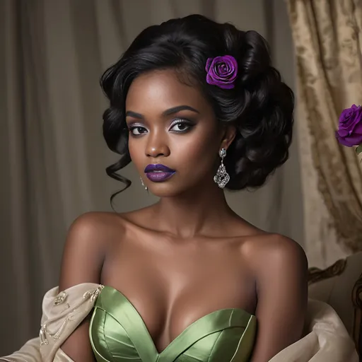 Prompt: Bathed in an opulent ambiance, a stunning young woman sits gracefully in an elegantly upholstered chair, her striking, vintage-inspired look enhanced by rich, emerald fabric draping over her shoulders. The deep hues of her gown are adorned with lush purple roses that create a captivating focal point, while her bold makeup features vibrant purple lips and dramatic eye shadow that complements her enchanting green eyes. Surrounding her are soft candlelight glimmers that illuminate the dark teal backdrop, enhancing the luxurious and dramatic atmosphere of the setting. The intricate jewelry, featuring green gemstones that mirror the gown’s lavishness, adds an exquisite touch to her regal aura, evoking a mysterious and romantic narrative.