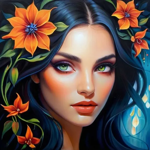 Prompt: Beautiful  hybrid woman with flowers sprouting from her, oil painting, detailed fiery eyes, ethereal glow, dark and mysterious, high quality, vibrant colors, surreal, haunting, intricate floral details, intense gaze, mystical atmosphere, oil painting, demon, hybrid, fiery eyes, ethereal, vibrant colors, surreal, haunting, floral details, intense gaze, mystical atmosphere