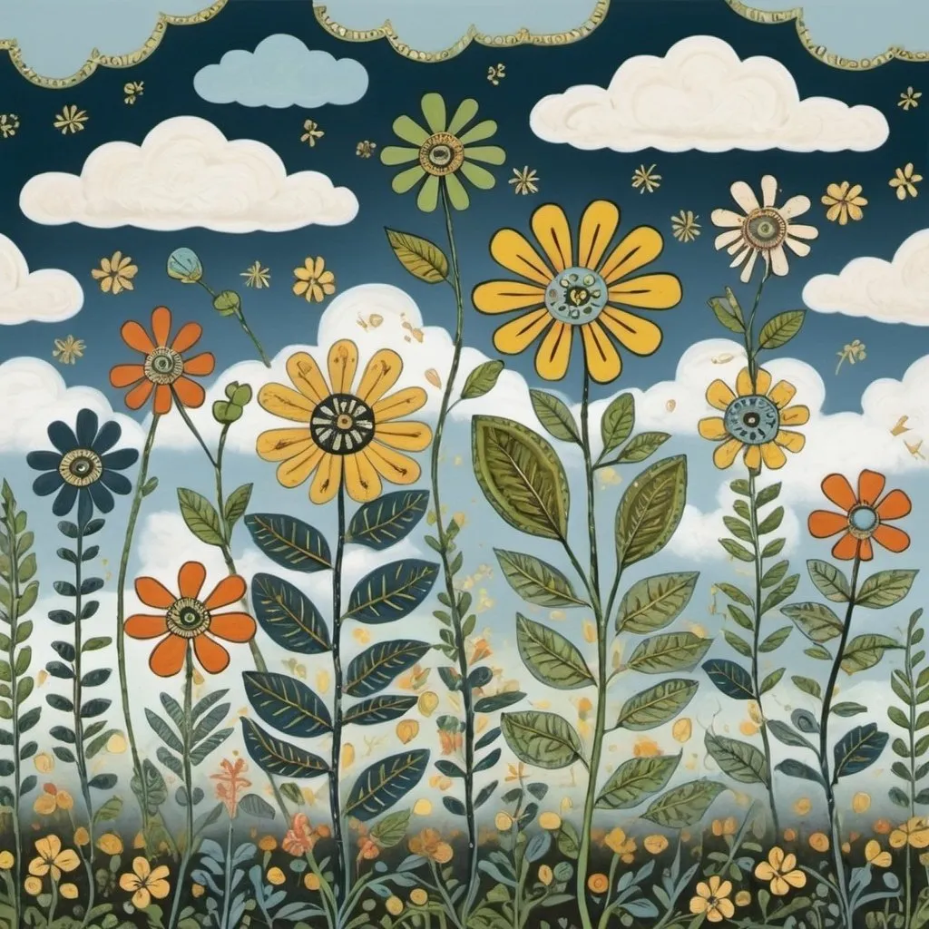 Prompt: Wild flower and clouds in the style of Edward Tingatinga, in a whimsical folk art style with soft blue, pea green, green gold, guava colours