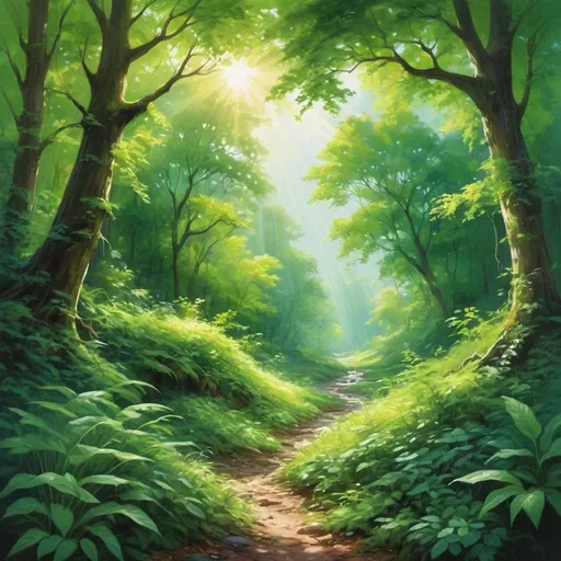 Prompt: (verdant landscape), lush greenery, vibrant shades of green, sunlight streaming through leaves, a serene atmosphere, deep refreshing colors, enchanting forest scene, gentle breeze, nature's tranquility, ultra-detailed, high quality, inviting and peaceful ambiance