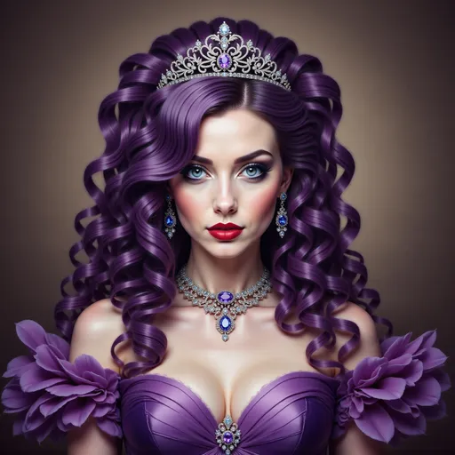 Prompt: a woman with purple hair wearing a tiara and a purple dress with a diamond necklace and earrings on, Anne Stokes, gothic art, highly detailed digital painting, a detailed painting