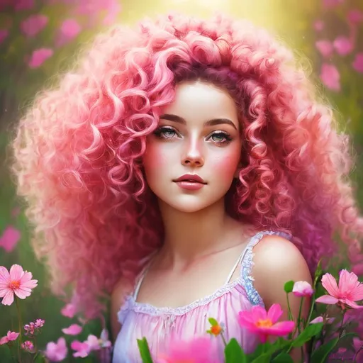 Prompt: a young fairy of spring, very curly hair, pink glow on cheeks,wildflowers, vivid colors, closeup