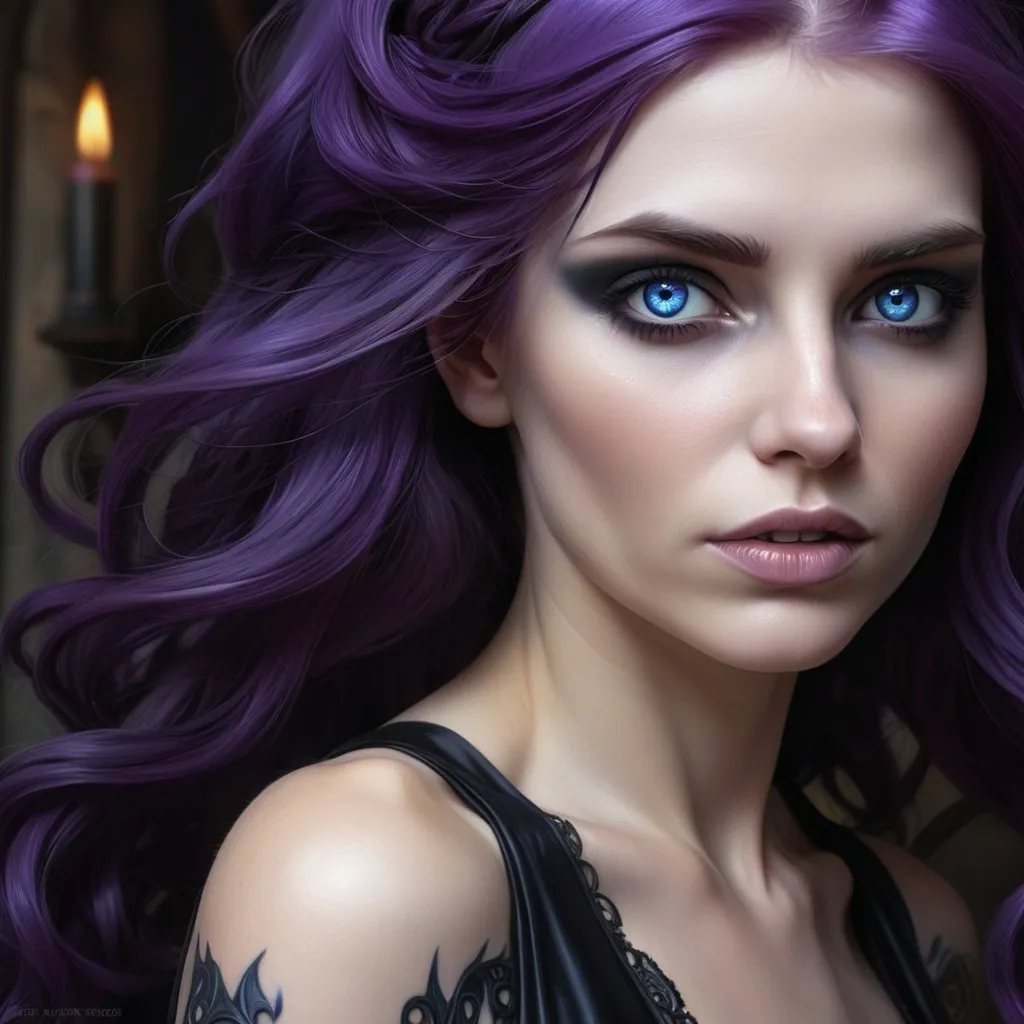 Prompt: a woman with purple hair and blue eyes is wearing a black dress , Anne Stokes, gothic art, highly detailed digital painting, a 3D render