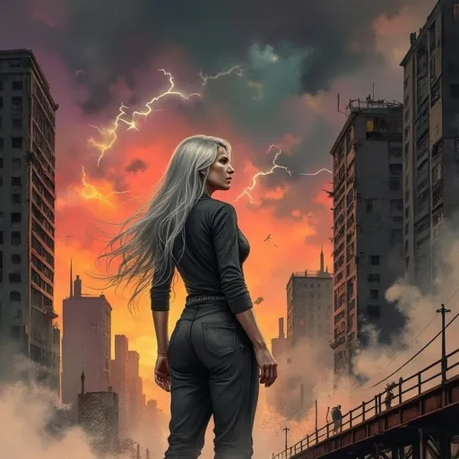 Prompt: This digital illustration depicts a dramatic, apocalyptic cityscape at sunset. The central figure is a pale-skinned woman with long, flowing silver hair, which is being blown by the wind. She stands with her back to the viewer, gazing out over the skyline with a contemplative expression. She wears a dark, slightly tattered, long-sleeved shirt that is cinched at the waist with a belt. Her posture is relaxed yet solemn.

The background features a vivid, fiery sunset with a sky ablaze in shades of orange, red, and yellow, contrasting with dark, stormy clouds tinged with purple and blue. Lightning bolts streak across the sky, adding to the intense atmosphere. Tall, dark, and dilapidated skyscrapers dominate the skyline, their windows either broken or dark, contributing to the sense of desolation. In the lower right corner, a narrow, rusty metal bridge stretches across the scene, with a small, barely visible figure standing on it, adding a sense of scale and isolation.

The image uses a watercolor-like texture, with bold, expressive brushstrokes and a mix of dark and bright colors to create a striking, emotional contrast. The overall mood is one of melancholy and resilience in a post-apocalyptic world.