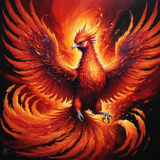 Prompt: Vibrant, high-contrast painting of a fiery phoenix, bold red and orange hues, dynamic and fierce energy, swirling flames and feathers, 4k, ultra-detailed, abstract, intense red, dramatic lighting, passionate