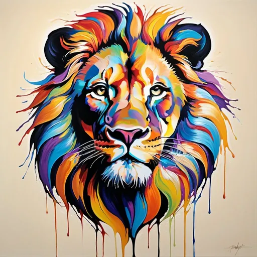 Prompt: Abstract surrealism painting of a majestic lion, vibrant and bold brushstrokes, exaggerated features, vivid colors, dreamlike atmosphere, high quality, surrealism, vibrant colors, abstract art, majestic lion, dreamlike, bold brushstrokes