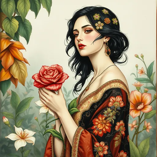 Prompt: a painting of a woman with a flower in her hand and a background of leaves and flowers in the background, Android Jones, art nouveau, art nouveau fashion embroidered, a watercolor painting