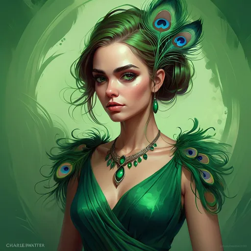 Prompt: a woman with a green dress and peacock feathers on her head and a green background , Charlie Bowater, fantasy art, highly detailed digital painting, a detailed painting