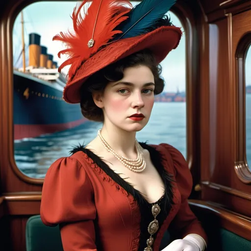 Prompt: fashionable 1st class  female passenger on the Titanic, pale skin, dark styled hair, large lips,  looking sad, facial closeup, vibrant colors, red dress and elaborate hat with feathers
