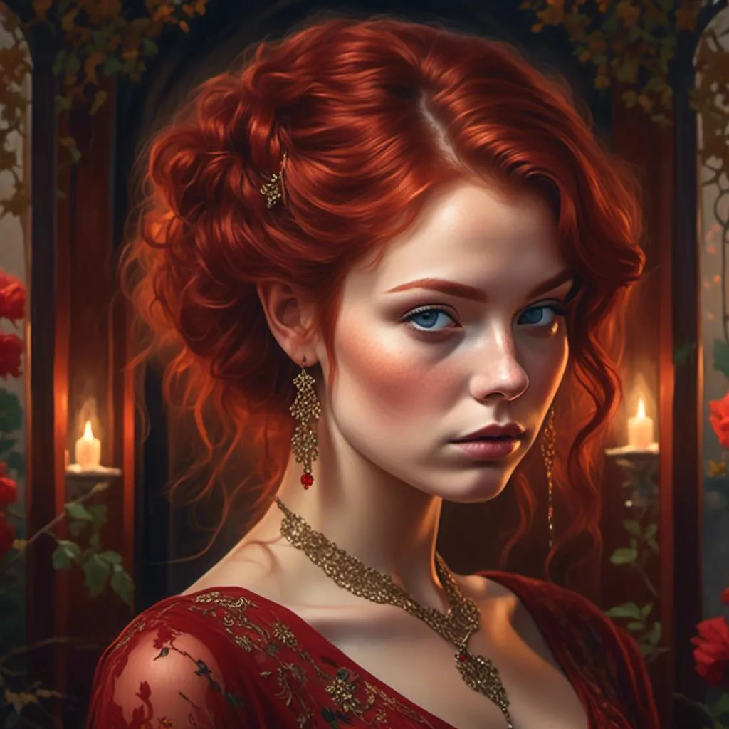 Prompt: a woman with red hair wearing a red dress and a necklace , highly detailed digital painting, a photorealistic painting <mymodel>