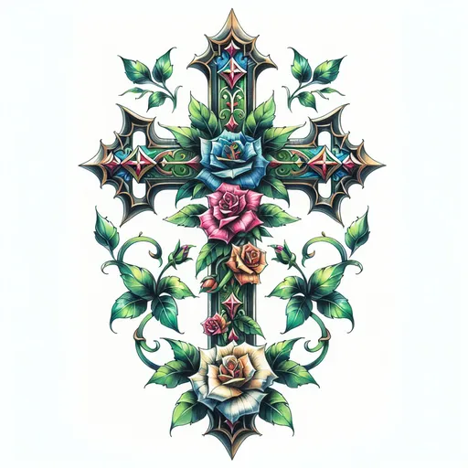 Prompt: a cross with flowers and leaves on it, painted in watercolors on a white background, with a green border, Anne Stokes, gothic art, tattoos, a tattoo