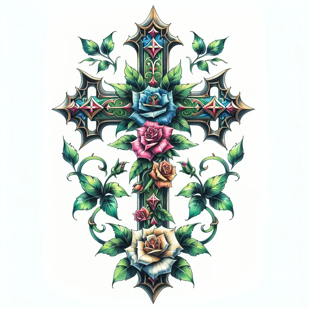 Prompt: a cross with flowers and leaves on it, painted in watercolors on a white background, with a green border, Anne Stokes, gothic art, tattoos, a tattoo