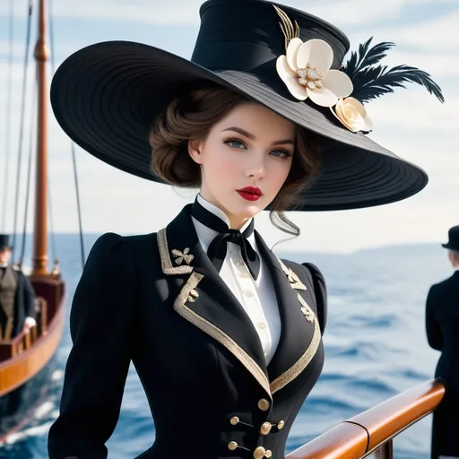 Prompt: <mymodel>fashionable 1st class  female passenger on the Titanic, pale skin, dark styled hair,  and elaborate hat with a hat