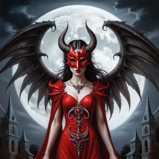 Prompt: a woman with a red dress and a horned mask on her face and wings, standing in front of a full moon, Anne Stokes, gothic art, dark fantasy art, a detailed painting