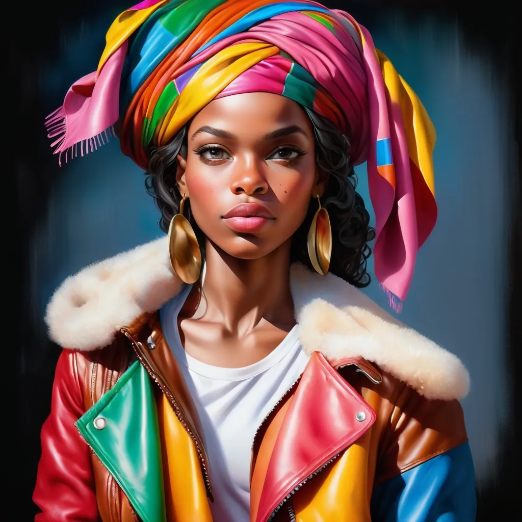 Prompt: a painting of a black woman with a colorful scarf on her head and a leather jacket on her shoulders, wearing a leather jacket and a colorful scarf, Edwin Georgi, photorealism, highly detailed digital painting, a photorealistic painting