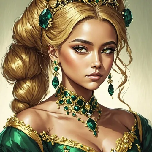 Prompt: <mymodel> An extremely gorgeous woman,  with emerald jewels, in color scheme of gold and emerald