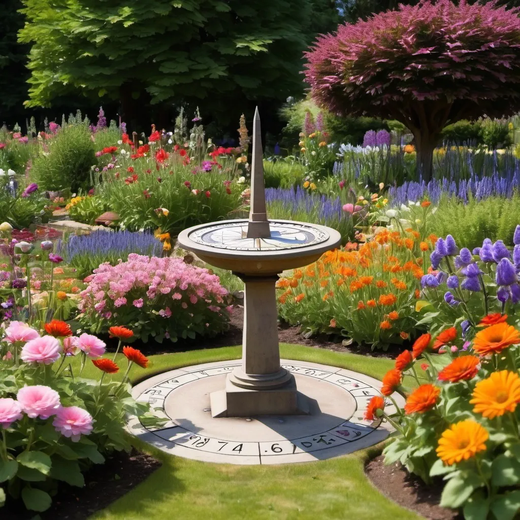 Prompt: Beatiful flower garden with a sundial