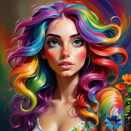Prompt: Colorful digital painting of a vibrant young woman, oil painting, flowing rainbow hair, bright floral background, high quality, detailed, vibrant colors, whimsical, fantasy, colorful lighting