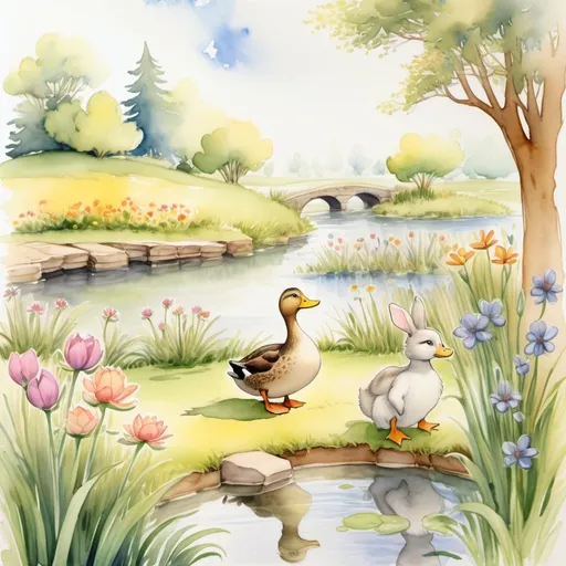 Prompt: a duck and a rabbit are standing in the grass by a pond with flowers and trees in the background, Beatrix Potter, fantasy art, storybook illustration, a storybook illustration