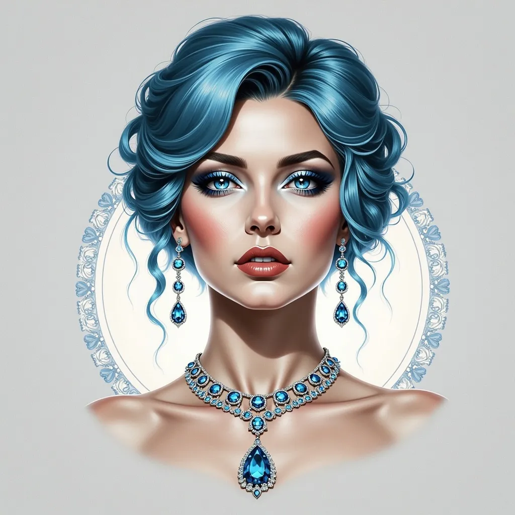 Prompt: a woman with blue hair and a diamond necklace on her neck, with a diamond necklace on her neck, Charlie Bowater, fantasy art, highly detailed digital painting, a digital painting