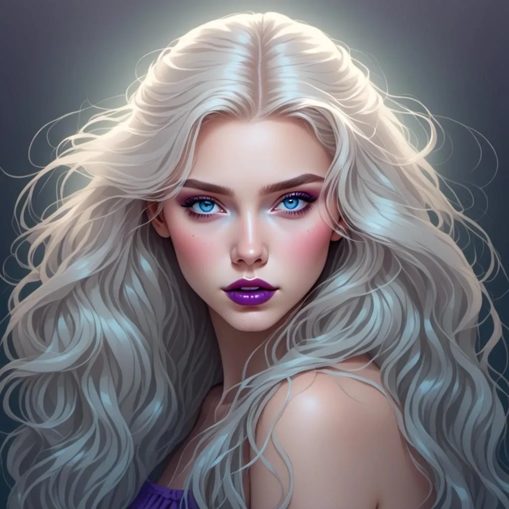 Prompt: <mymodel>Beautiful ethereal woman, long blonde hair,and icy blue eyes color, purple lipstick, facial closeup