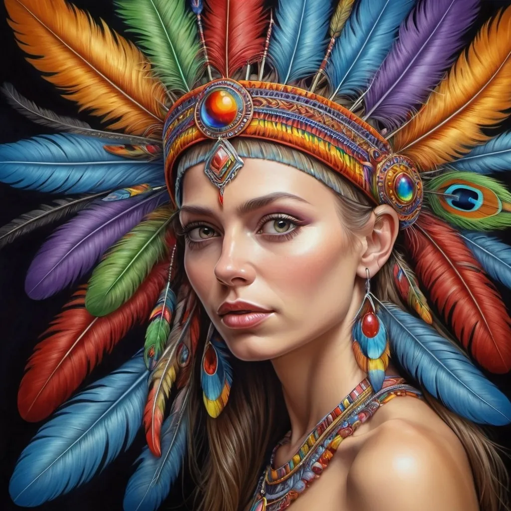 Prompt: a woman with a colorful headdress and feathers on her head is shown in this painting of a woman with a colorful headdress, Alex Grey, fantasy art, highly detailed digital painting, a photorealistic painting