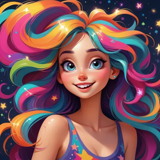 Prompt: colorful illustration of a playful girl, vibrant color palette, sparkling and twinkling elements, playful expression, flowing hair with vibrant colors, twinkling stars, vibrant, cartoon, playful, colorful, twinkling, sparkling, lively expression, vibrant hair, colorful palette