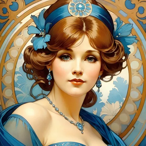 Prompt: A woman in elegant blue dress. circa 1965 attire, facial closeup