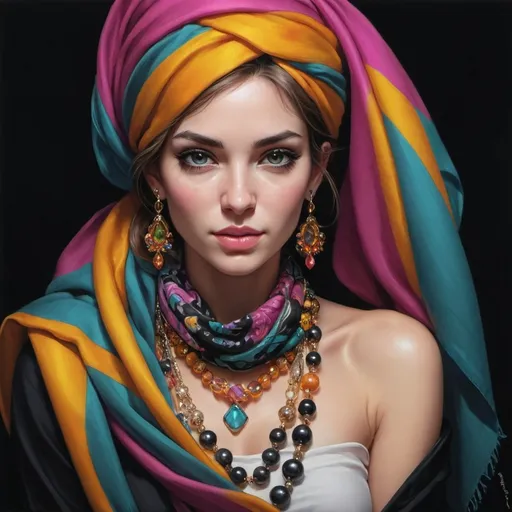 Prompt: a painting of a woman wearing a colorful scarf and jewelry with a black background and a black backdrop with a black backdrop, Artgerm, fantasy art, highly detailed digital painting, a photorealistic painting