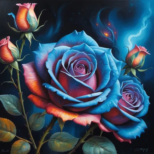 Prompt: Blue roses, surreal oil painting, dreamy atmosphere, high quality, detailed petals, fantasy, vibrant hues, ethereal lighting, mystical, magical, artistic, oil painting, dreamy, surreal, vibrant, high quality, detailed, fantasy, ethereal, mystical, magical, atmospheric lighting