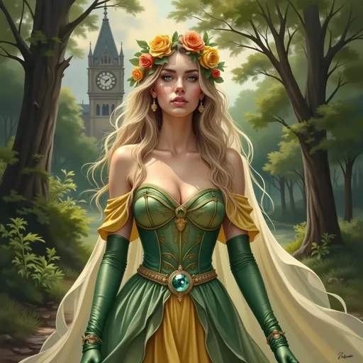 Prompt: This is a highly detailed digital painting in a fantasy style. The central figure is a young woman with long, wavy blonde hair adorned with a floral crown featuring yellow and orange roses. Her skin is fair, and she has striking blue eyes with long lashes. She is wearing a strapless, green and gold corset dress with intricate embroidery.  The dress is complemented by green, off-the-shoulder, elbow-length gloves and a flowing, yellow cape that drapes over her arms. She has large, ornate earrings and a gemstone brooch at her waist, adding to her regal appearance. 

In her hair and at her waist, she wears more colorful flowers, matching the floral crown. The background depicts a lush, enchanted forest with tall, thick trees and a soft, green underbrush. The light filtering through the leaves creates a dappled effect on the forest floor. In the distance, there is a tall, clock tower with a pointed roof, adding a sense of depth and mystery to the scene. The overall composition is magical and otherworldly, evoking a sense of fantasy and wonder. The artist's signature, "Matsuda," is visible in the bottom right corner.