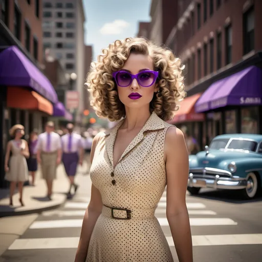 Prompt: In a vibrant street scene reminiscent of mid-20th century Americana, a stunning woman stands confidently at the forefront, wearing a beige polka-dot dress that flares dramatically around her. Her glamorous curly hair frames a glowing visage, enhanced by stylish purple sunglasses perched atop her head, while she strikes a pose exuding elegance and flair amidst bustling urban life. Surrounding her, classic cars from the same era line the street, adding a nostalgic charm to the scene, while colorful neon signs blink enticingly from the buildings, illuminating the lively atmosphere. The overall composition uses warm lighting to create a sense of nostalgia, encapsulating a moment of carefree joy as the city buzzes around her, inviting onlookers into a world of vintage glamour and excitement.