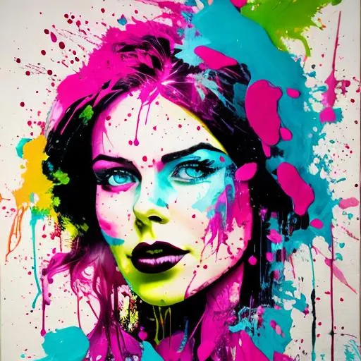 Prompt: woman, magenta and turquoise paint splatter