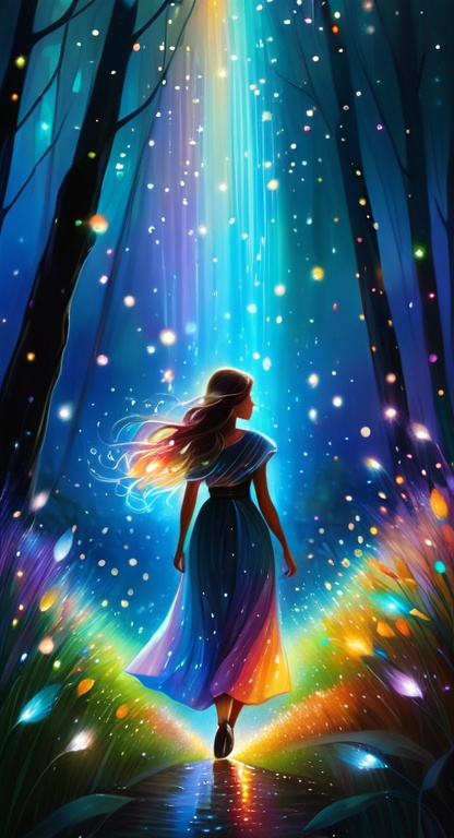 Prompt: A luminous, etherel mesmerizing woman walks among sparkling fireflies, her skin shimmering with a rainbow of colors. She possesses an otherworldly beauty.  This enchanting scene is depicted in a digitally painted illustration, each brushstroke capturing the magical essence of the scene. The vivid colors and exquisite details make this image a truly mesmerizing piece of art.