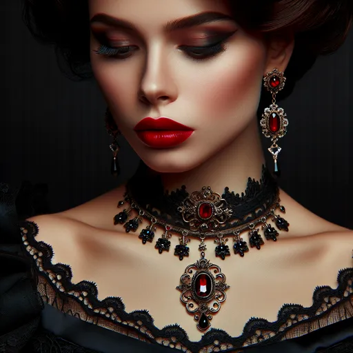 Prompt: a woman with a necklace and earrings on her neck and a red lip and a black dress on her chest, Elina Karimova, gothic art, portrait photography, a character portrait