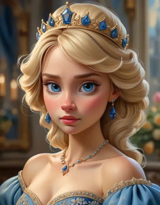 Prompt: High-quality, detailed portrait of a blonde princess with flowing blue dress and tiara, oil painting, elegant castle background, soft and warm lighting, detailed floral patterns, royal jewelry, realistic, oil painting, detailed eyes, flowing gown, tiara, elegant, royal, warm lighting, detailed portrait, blonde hair, castle background