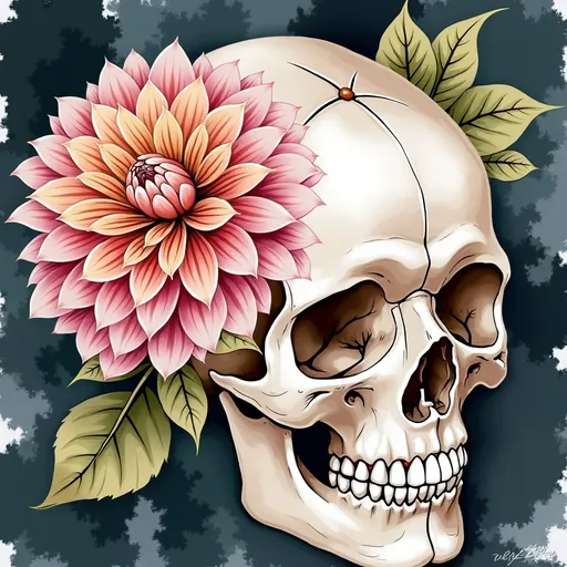 Prompt: A skull with flowers