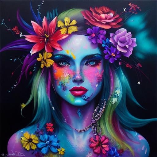 Prompt: Flower Siren graffiti art, splash art, street art, spray paint, oil gouache melting, acrylic, high contrast, colorful polychromatic, ultra detailed, ultra quality, CGSociety